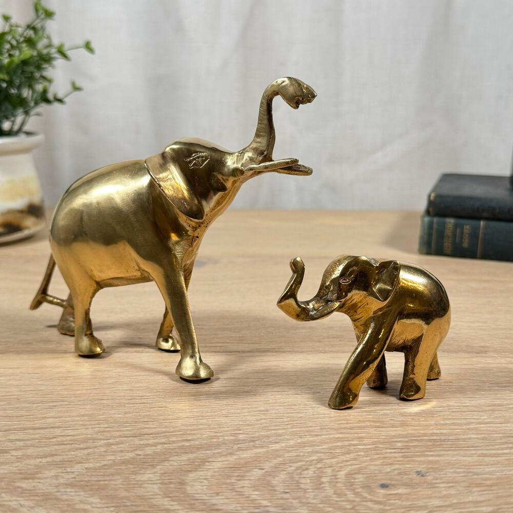 Vintage Brass Elephant Figurines Set of 2 | Large & Small Elephant Pair | Collec
